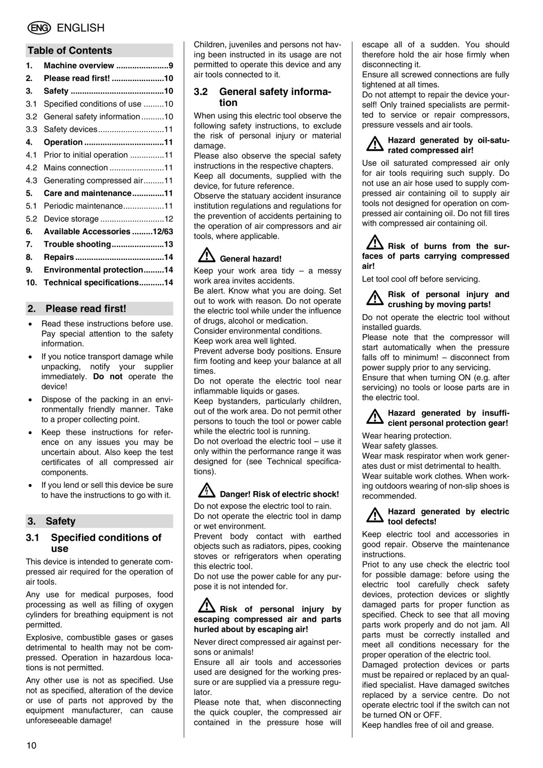 Elektra Beckum Mega 350 W manual Table of Contents, Please read first, Safety Specified conditions of use 