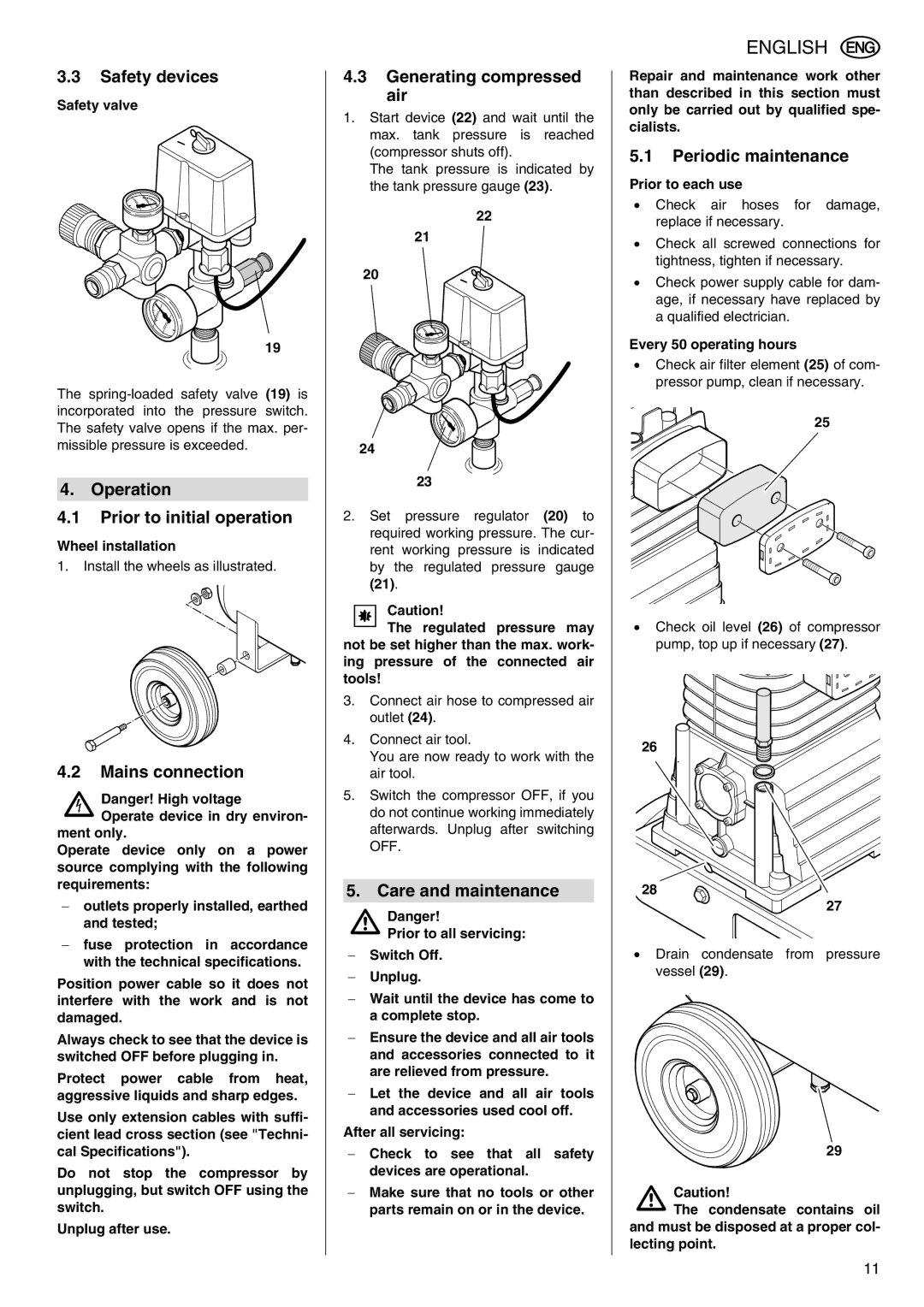 Elektra Beckum Mega 350 W Safety devices, Operation Prior to initial operation, Mains connection, Care and maintenance 