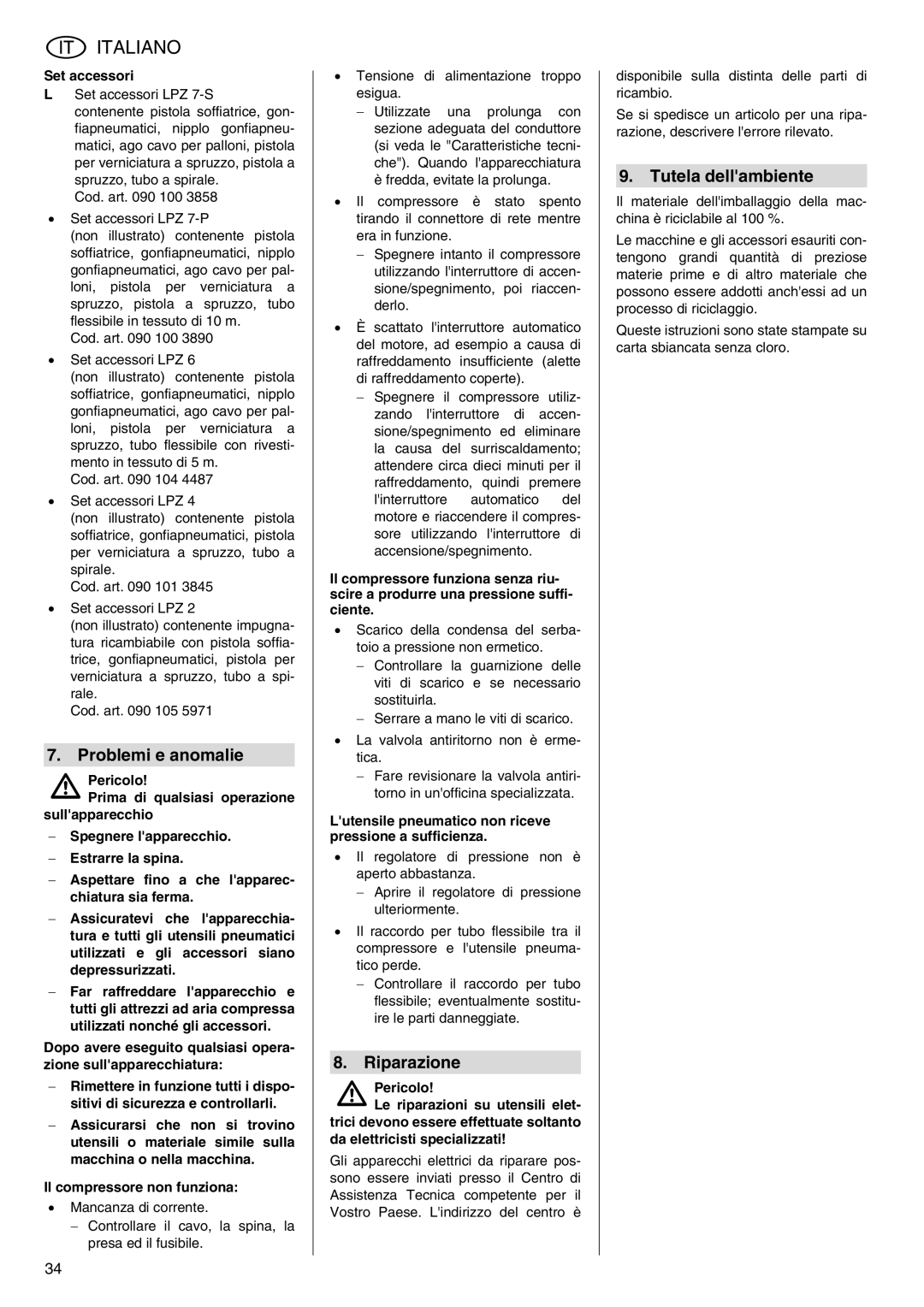 Elektra Beckum Mega 350 W manual Problemi e anomalie, Riparazione, Tutela dellambiente, Set accessori 