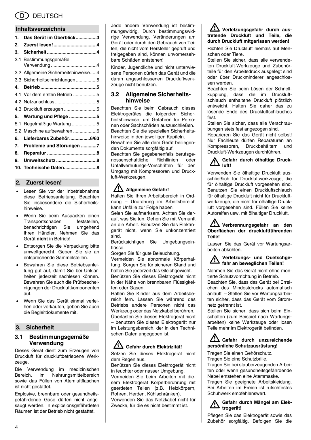 Elektra Beckum Mega 350 W manual Inhaltsverzeichnis, Zuerst lesen, Sicherheit Bestimmungsgemäße Verwendung 