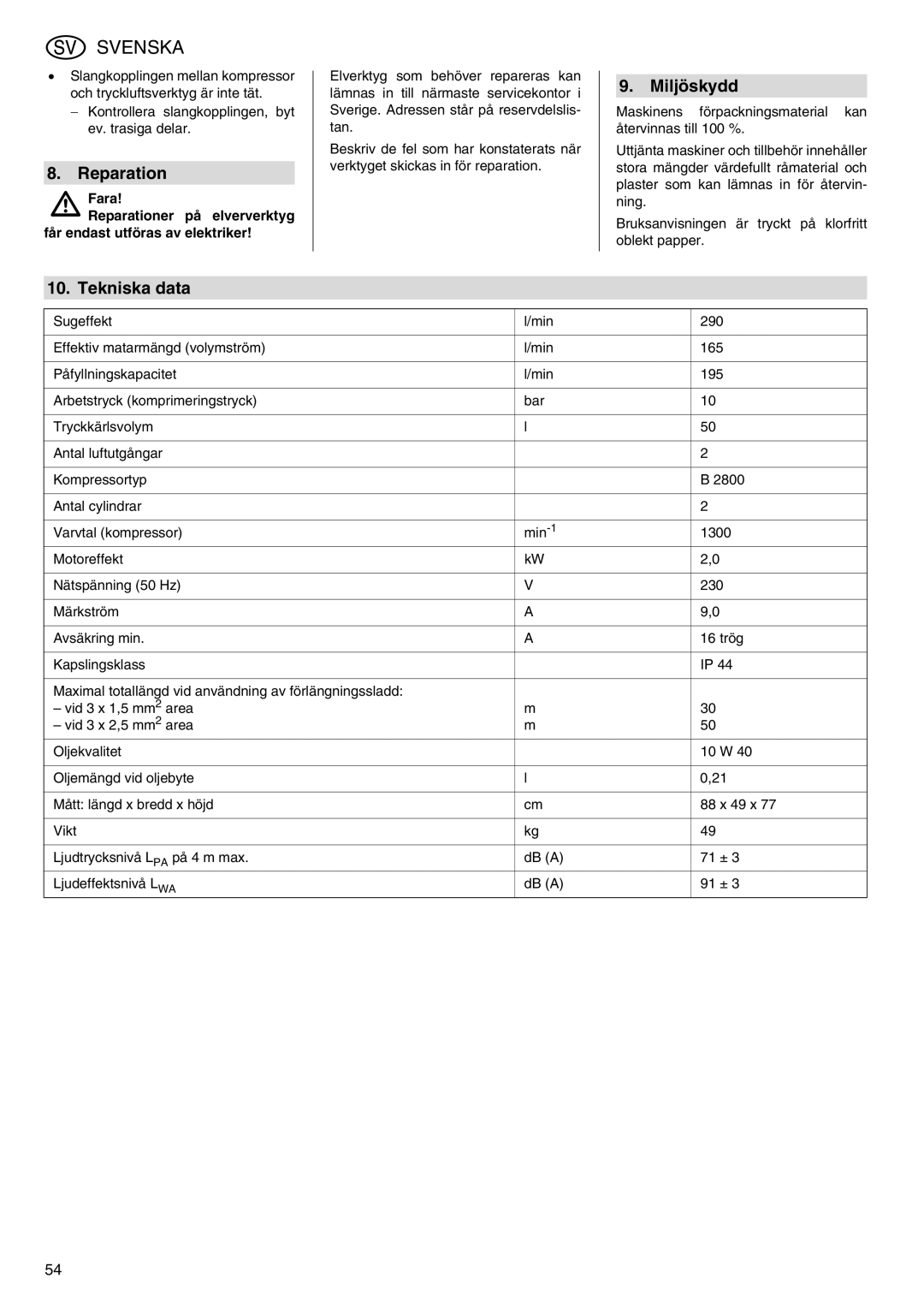 Elektra Beckum Mega 350 W manual Miljöskydd, Tekniska data, Kontrollera slangkopplingen, byt ev. trasiga delar 