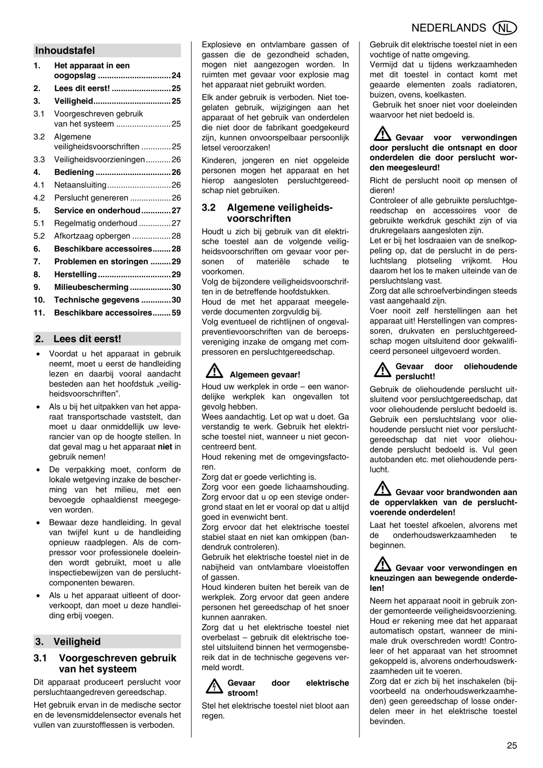 Elektra Beckum Mega 600 D manual Inhoudstafel, Lees dit eerst, Veiligheid Voorgeschreven gebruik van het systeem 