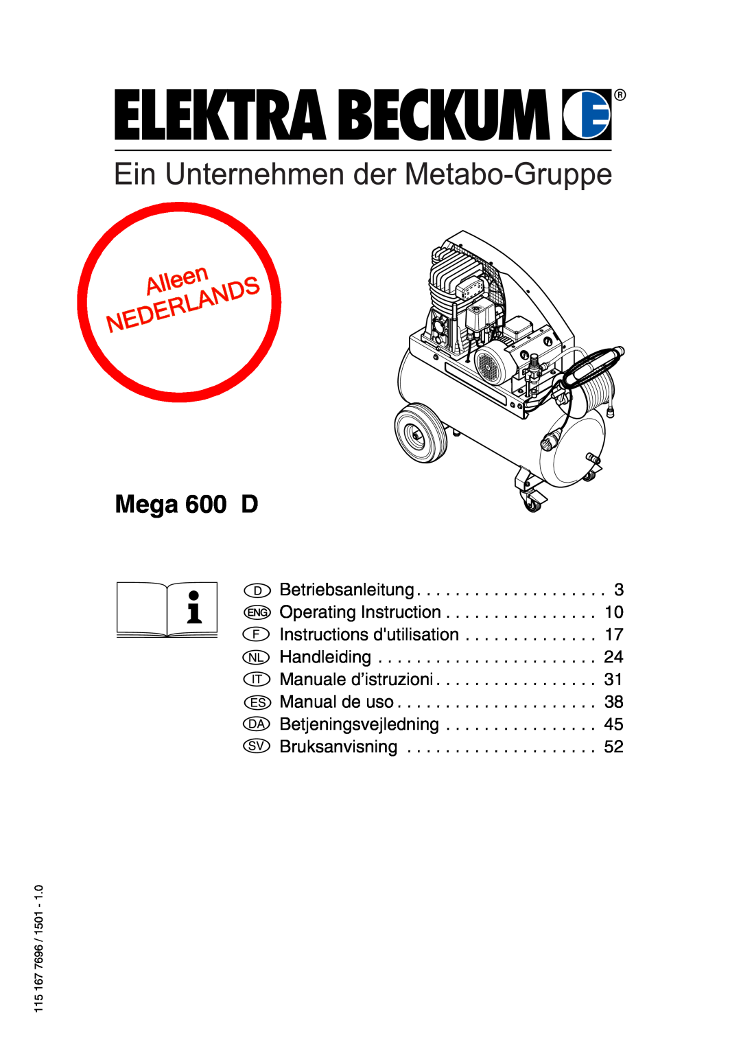 Elektra Beckum Mega 600 D manual Betriebsanleitung Operating Instruction Instructions dutilisation, Bruksanvisning, Auto 