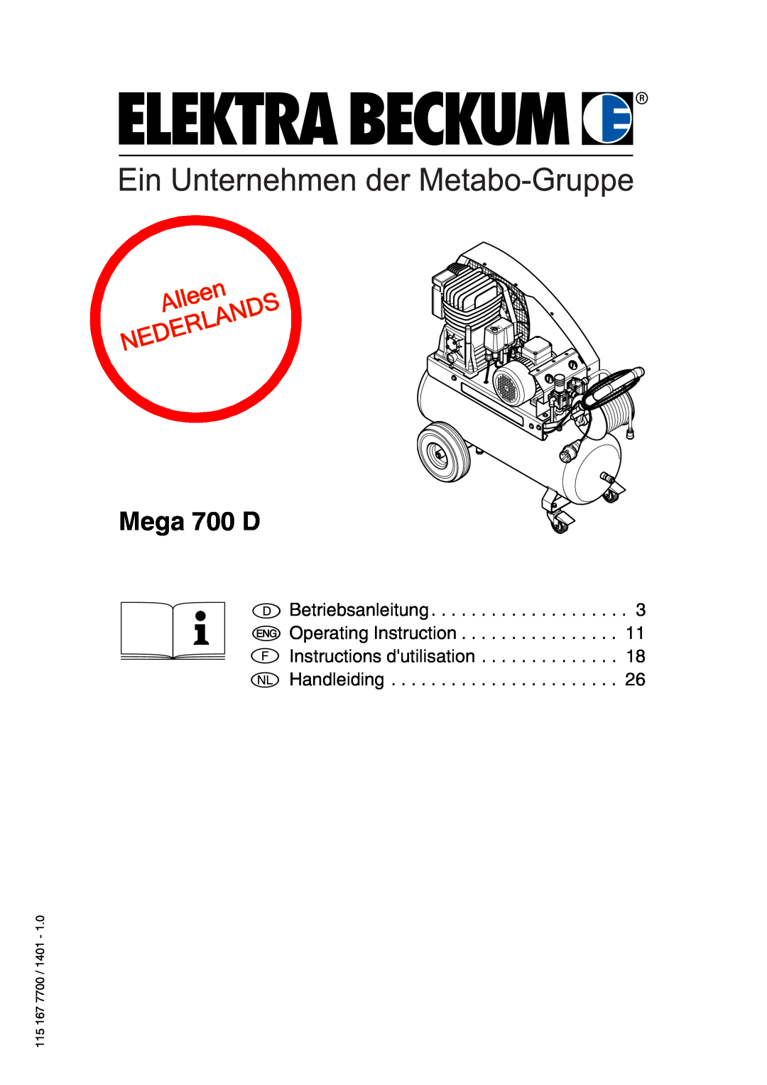 Elektra Beckum Mega 700 D manual Betriebsanleitung Operating Instruction Instructions dutilisation, Handleiding, Auto 