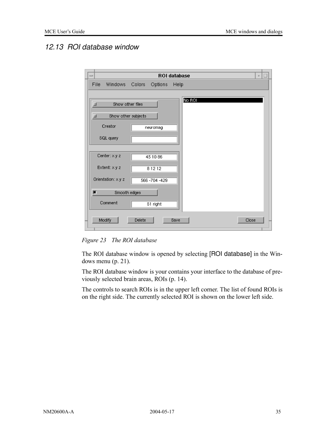 Elektra Beckum MCE, NM20600A-A manual ROI database window 