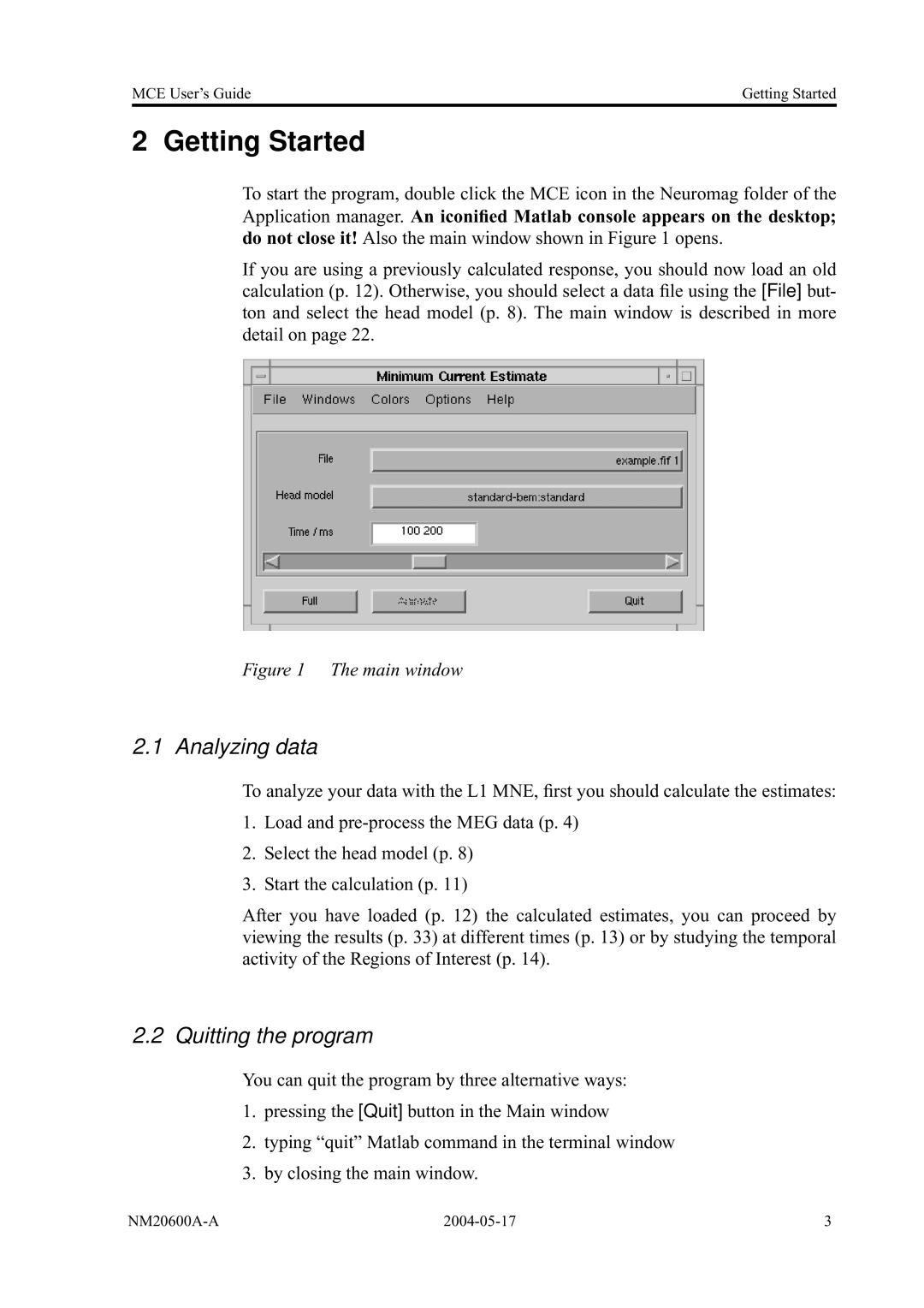 Elektra Beckum MCE, NM20600A-A manual Getting Started, Analyzing data, Quitting the program 