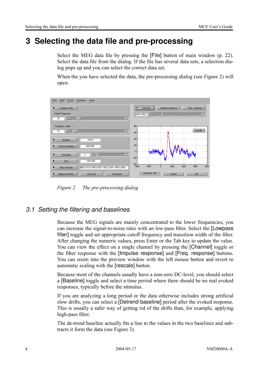 Elektra Beckum NM20600A-A, MCE manual Selecting the data ﬁle and pre-processing, Setting the ﬁltering and baselines 