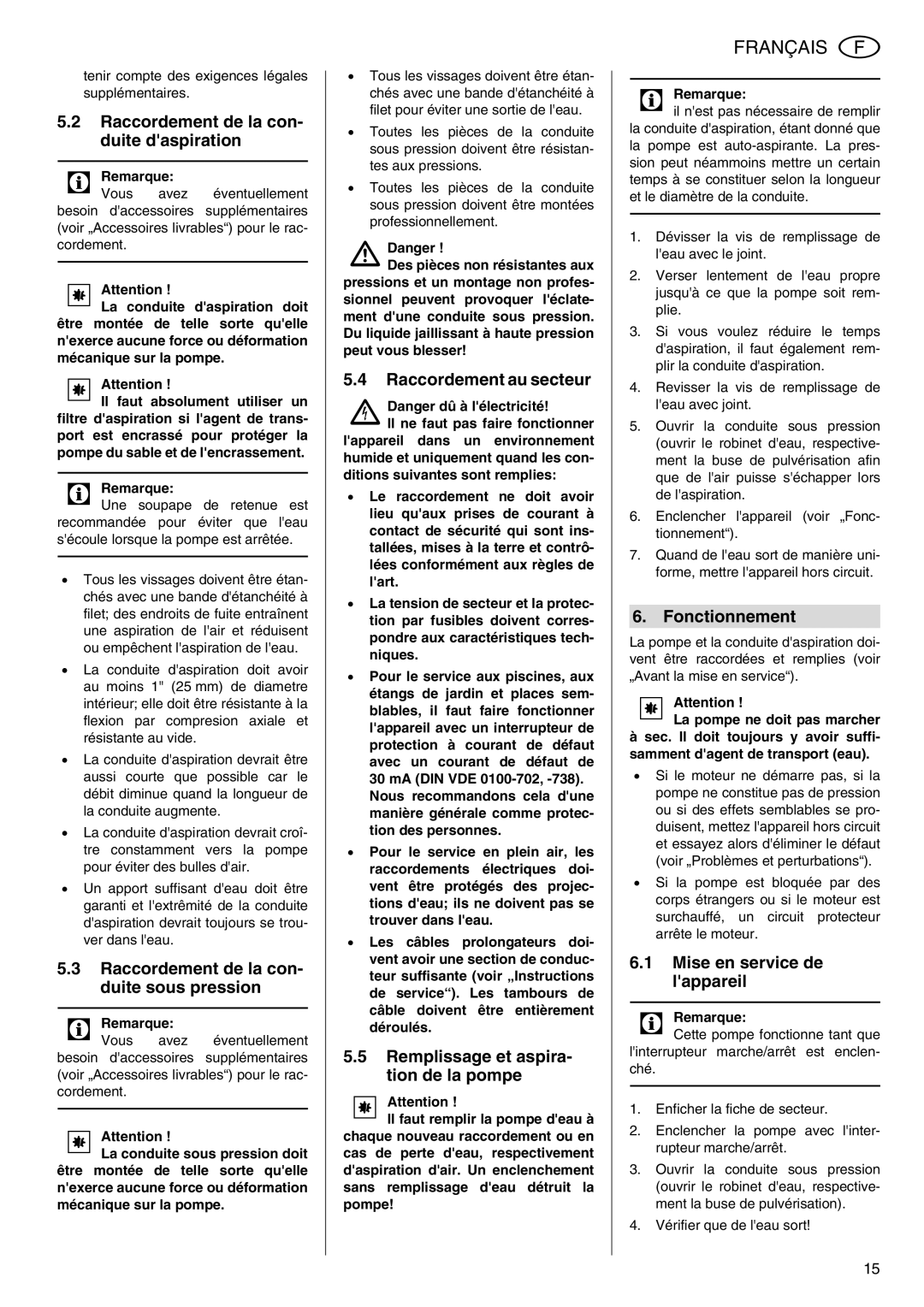 Elektra Beckum P 5500 M manual Raccordement de la con- duite daspiration, Raccordement de la con- duite sous pression 