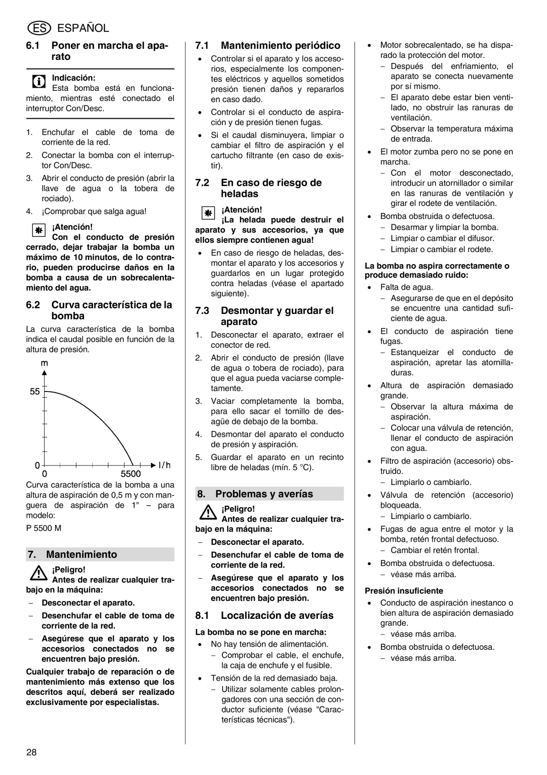 Elektra Beckum P 5500 M Poner en marcha el apa- rato, Curva característica de la bomba, Mantenimiento, Problemas y averías 