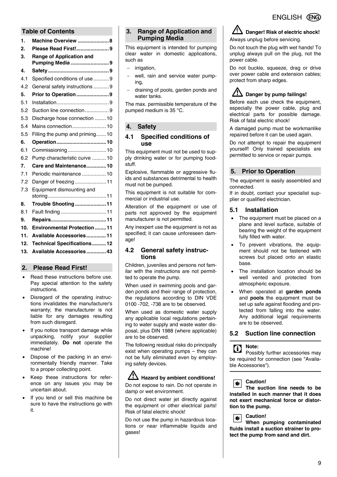 Elektra Beckum P 5500 M Table of Contents, Please Read First, Range of Application and Pumping Media, Prior to Operation 