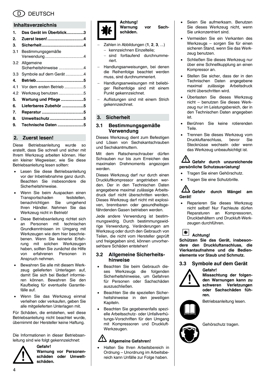 Elektra Beckum RS 4000 Inhaltsverzeichnis, Zuerst lesen, Sicherheit Bestimmungsgemäße Verwendung, Symbole auf dem Gerät 