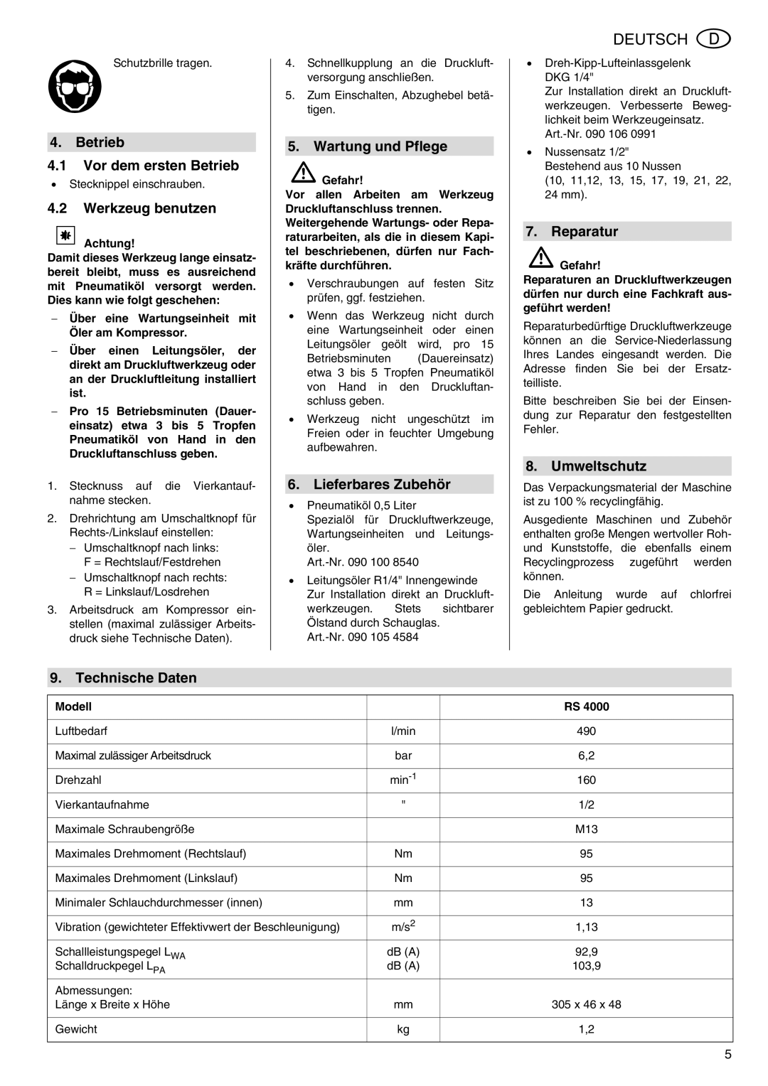 Elektra Beckum RS 4000 Betrieb Vor dem ersten Betrieb, Werkzeug benutzen, Wartung und Pflege, Lieferbares Zubehör 