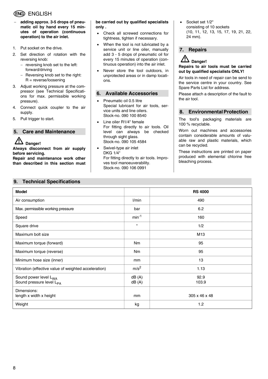 Elektra Beckum RS 4000 Care and Maintenance, Available Accessories, Repairs, Environmental Protection 