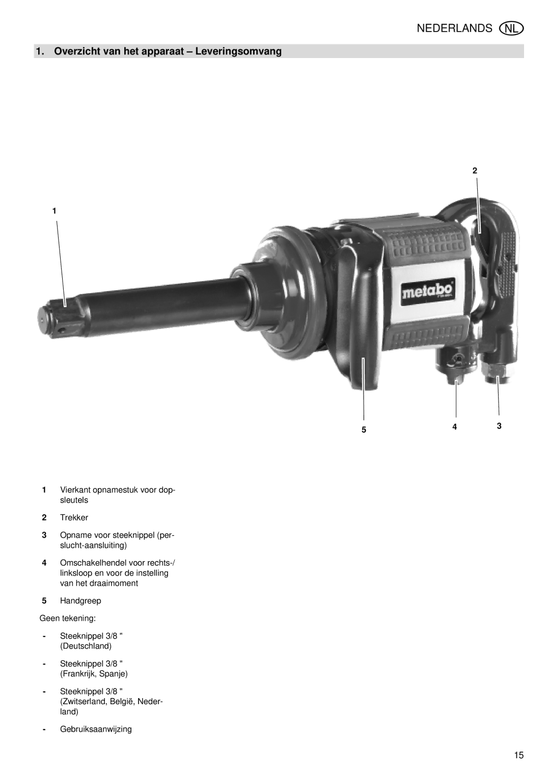 Elektra Beckum SR 4900 L operating instructions Nederlands, Overzicht van het apparaat Leveringsomvang 