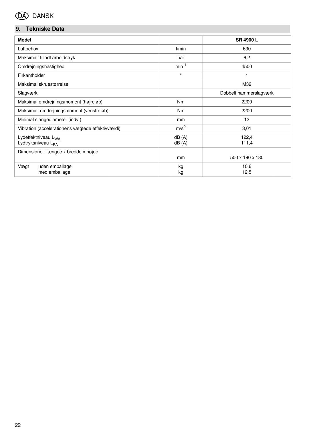 Elektra Beckum operating instructions Tekniske Data, Model SR 4900 L 