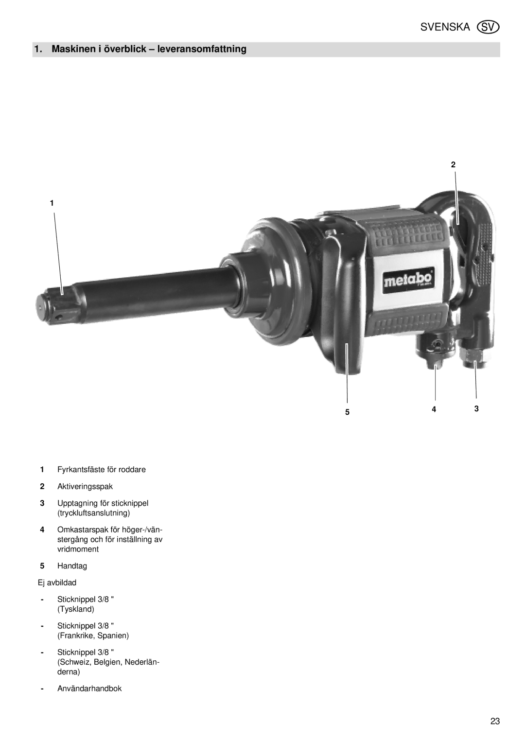 Elektra Beckum SR 4900 L operating instructions Svenska, Maskinen i överblick leveransomfattning 