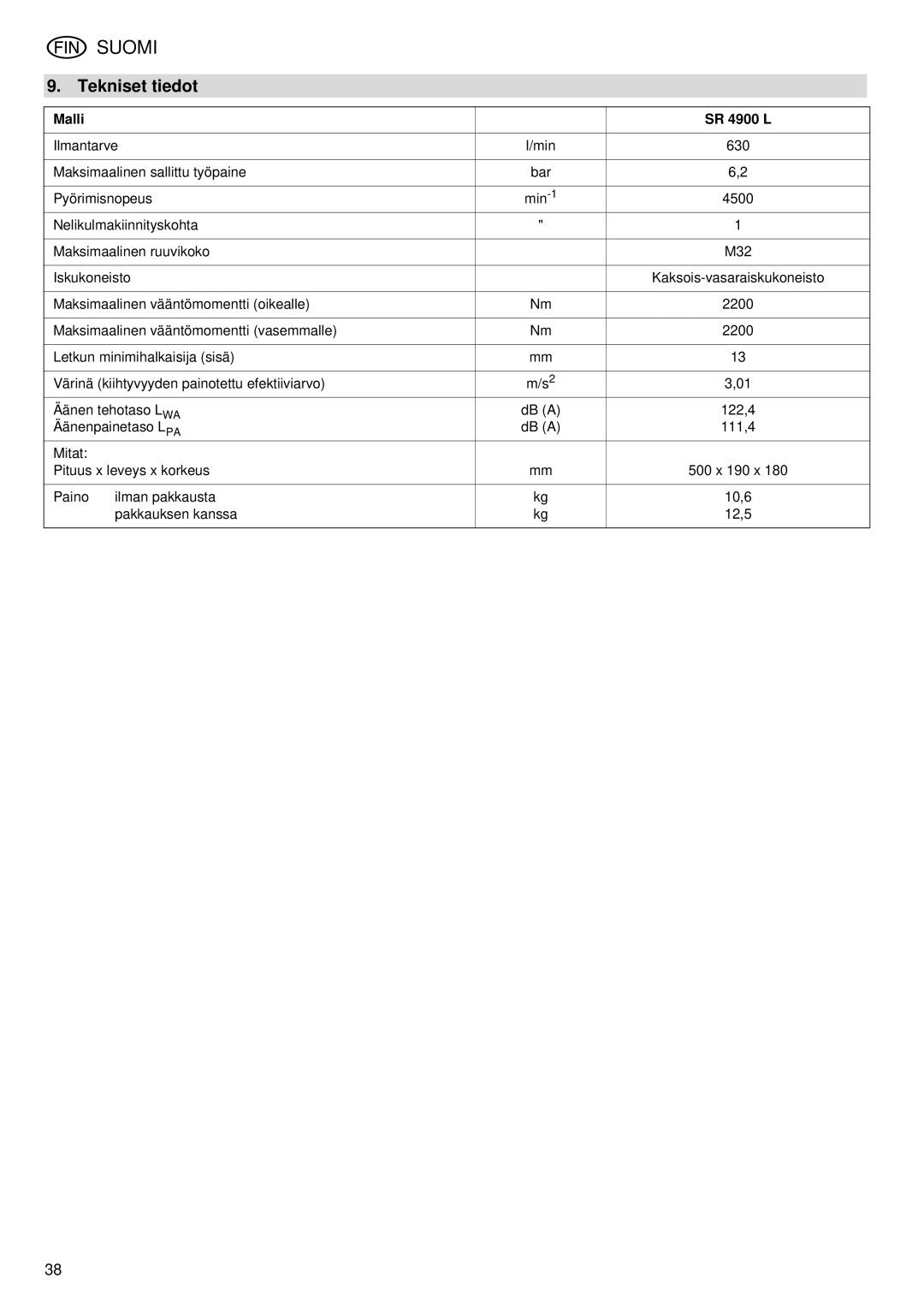 Elektra Beckum operating instructions Tekniset tiedot, Malli SR 4900 L 