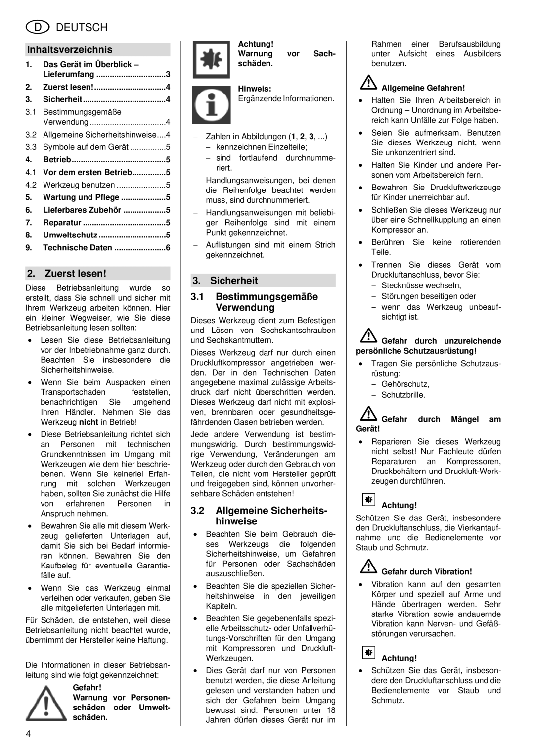 Elektra Beckum SR 4900 L operating instructions Inhaltsverzeichnis, Zuerst lesen, Sicherheit Bestimmungsgemäße Verwendung 