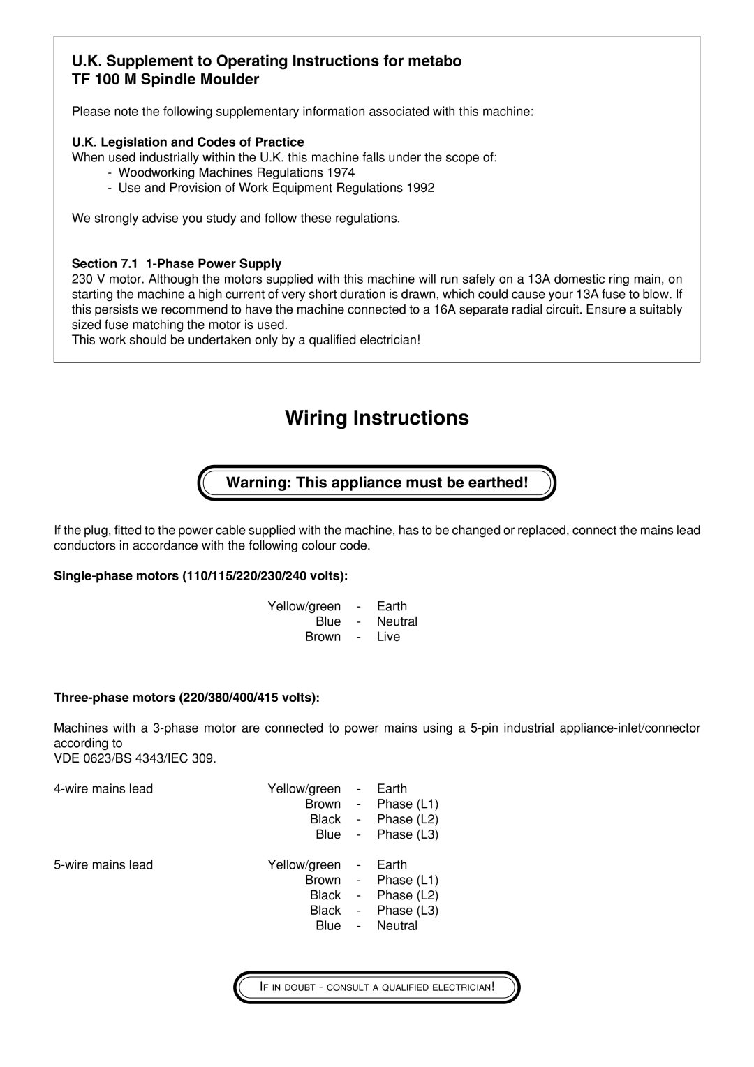 Elektra Beckum TF 100 M Legislation and Codes of Practice, Phase Power Supply, Three-phase motors 220/380/400/415 volts 