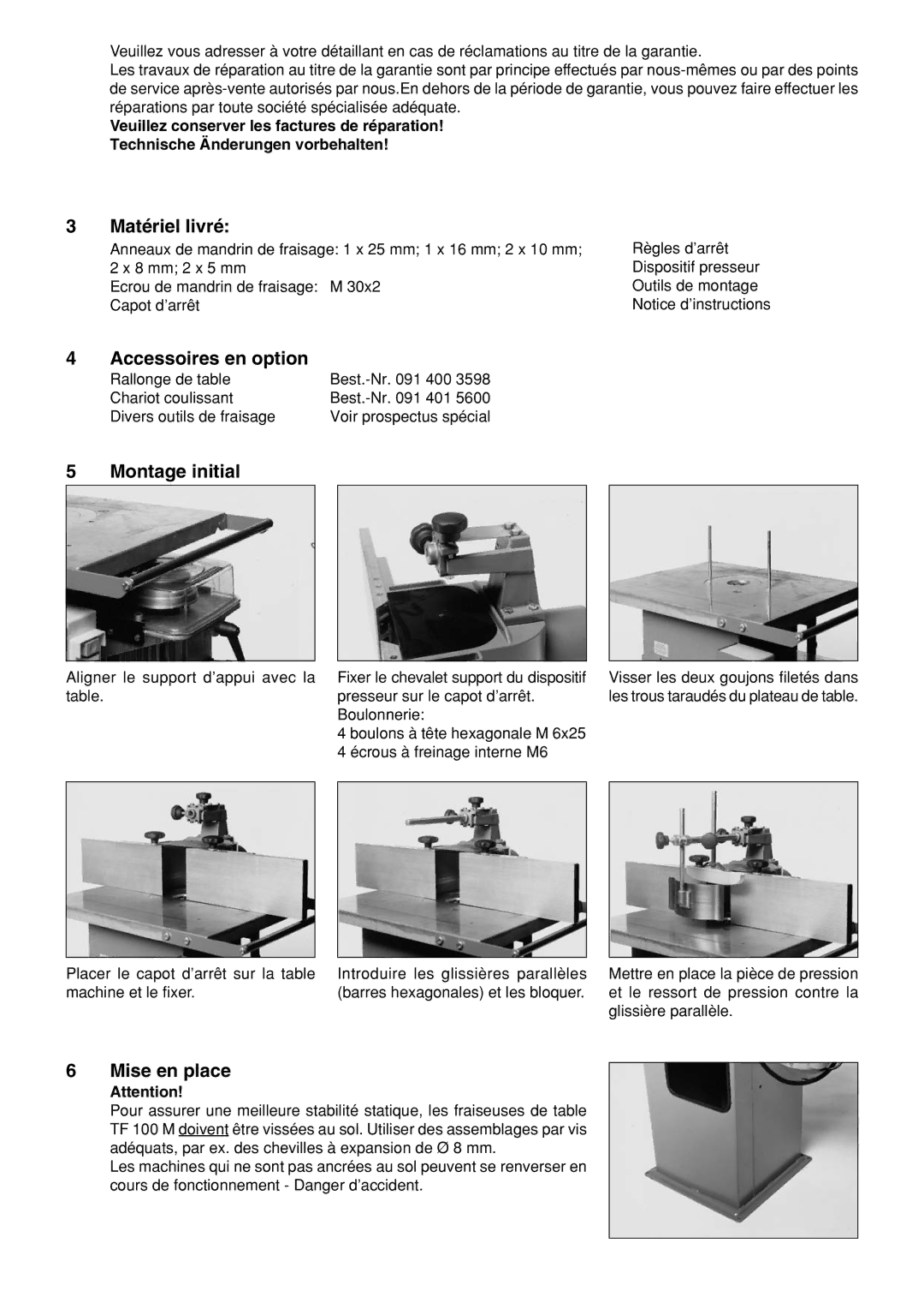 Elektra Beckum TF 100 M operating instructions Matériel livré, Accessoires en option, Montage initial, Mise en place 