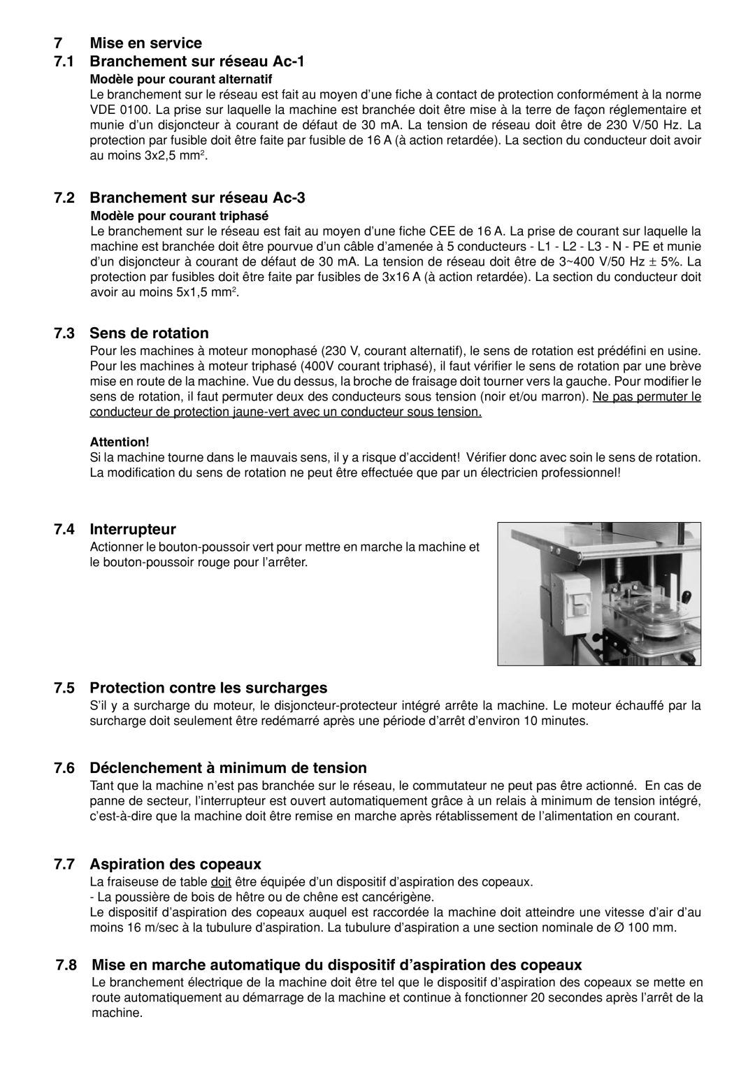 Elektra Beckum TF 100 M Mise en service Branchement sur réseau Ac-1, Branchement sur réseau Ac-3, Sens de rotation 