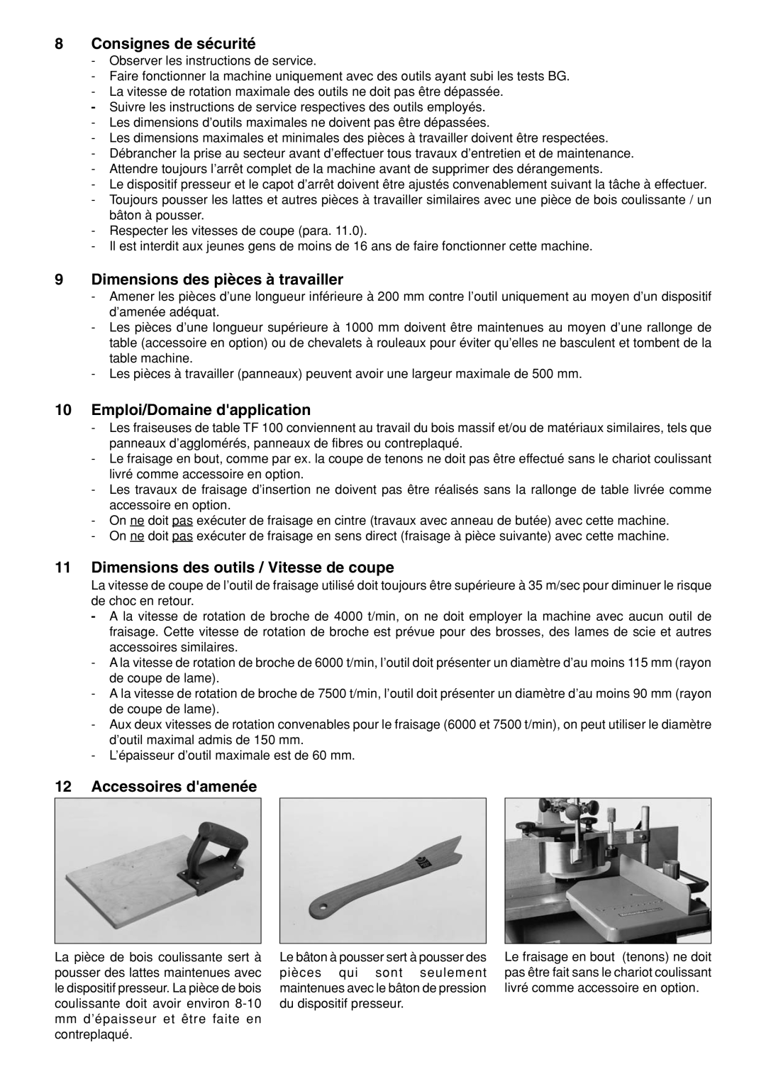 Elektra Beckum TF 100 M Consignes de sécurité, Dimensions des pièces à travailler, Emploi/Domaine dapplication 