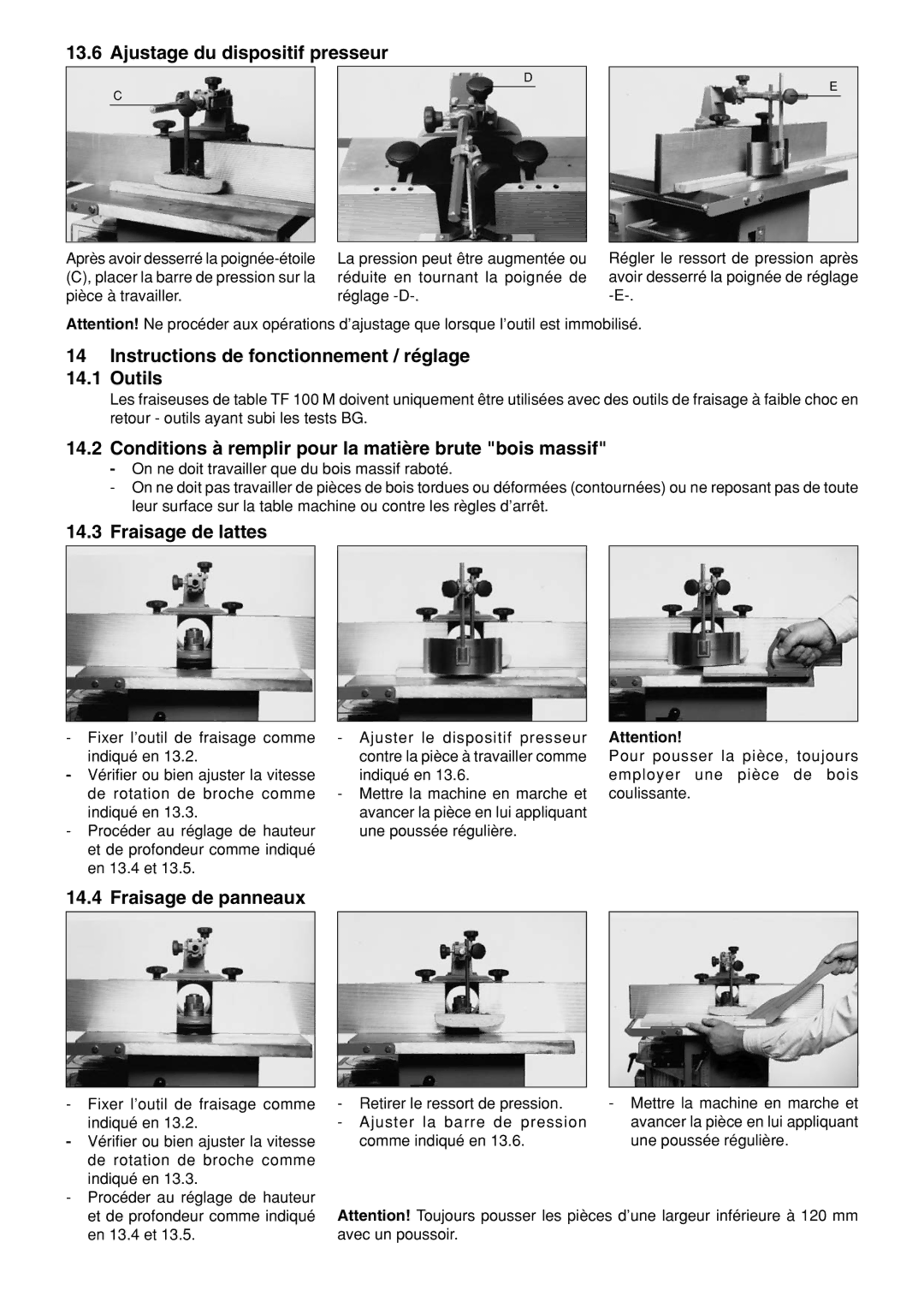 Elektra Beckum TF 100 M Ajustage du dispositif presseur, Instructions de fonctionnement / réglage Outils 