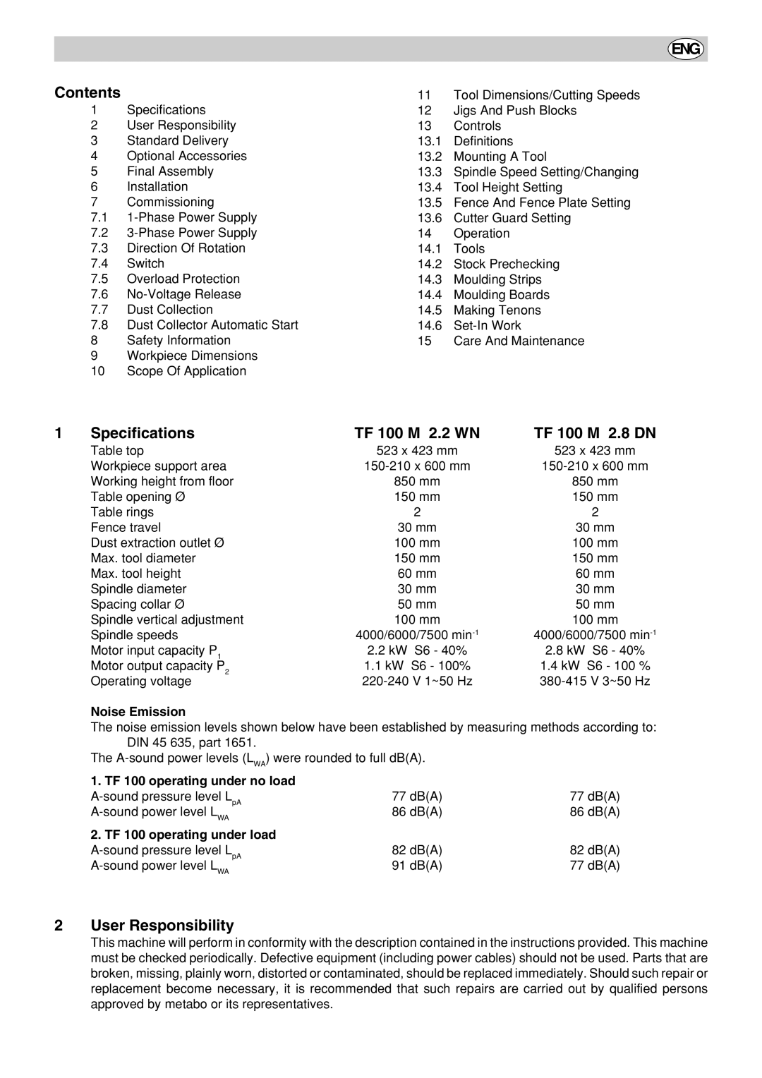 Elektra Beckum operating instructions Contents, Specifications TF 100 M 2.2 WN TF 100 M 2.8 DN, User Responsibility 