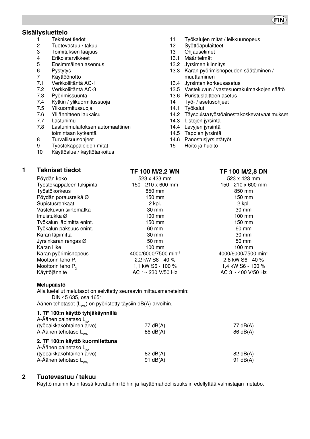 Elektra Beckum Sisällysluettelo, Tekniset tiedot TF 100 M/2,2 WN TF 100 M/2,8 DN, Tuotevastuu / takuu 
