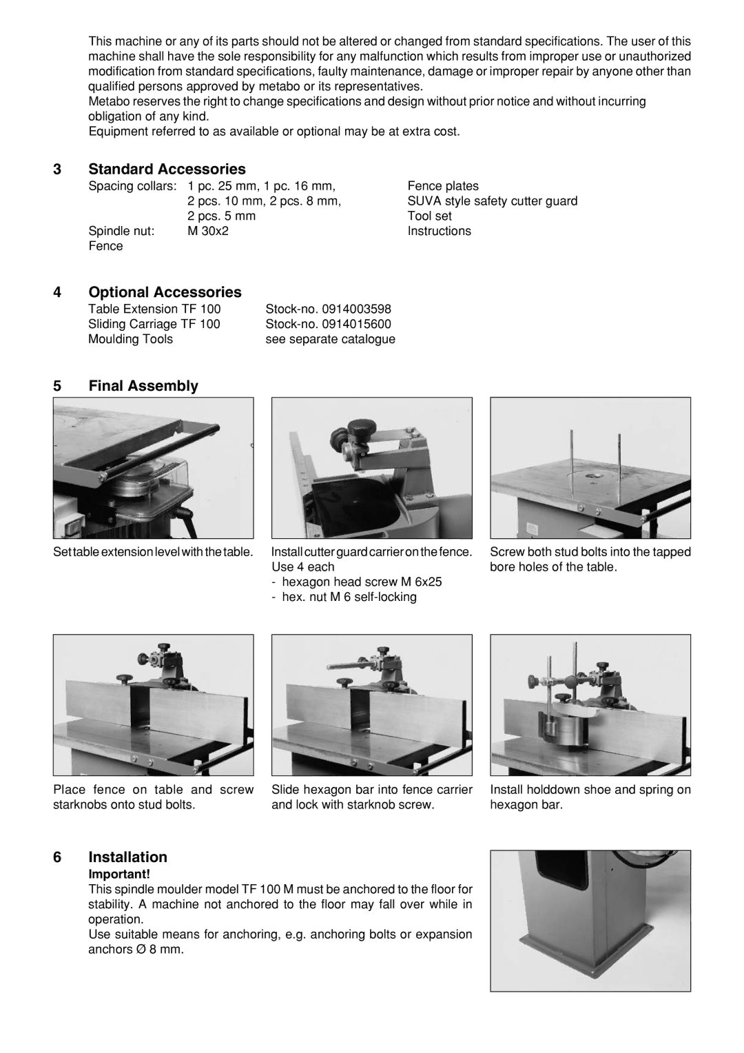 Elektra Beckum TF 100 M operating instructions Standard Accessories, Optional Accessories, Final Assembly, Installation 