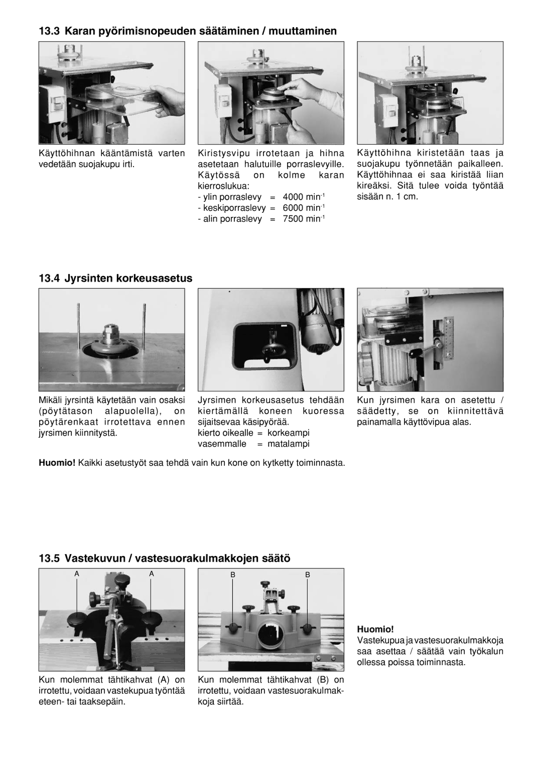 Elektra Beckum TF 100 M operating instructions Karan pyörimisnopeuden säätäminen / muuttaminen, Jyrsinten korkeusasetus 