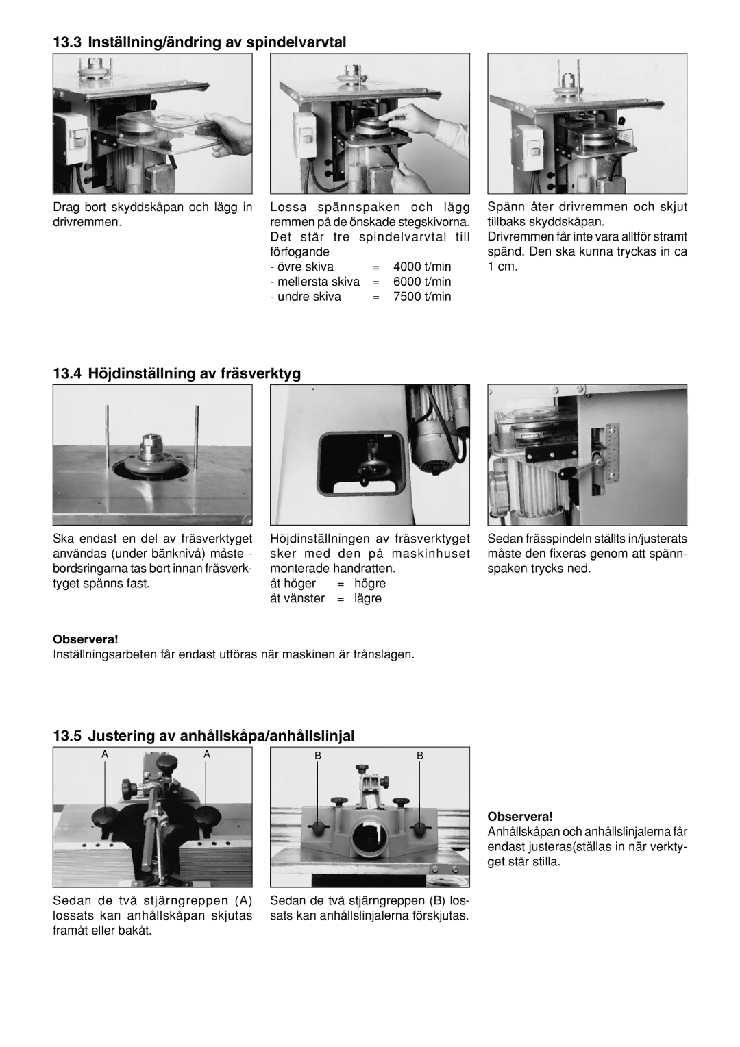 Elektra Beckum TF 100 M operating instructions Inställning/ändring av spindelvarvtal, 13.4 Höjdinställning av fräsverktyg 