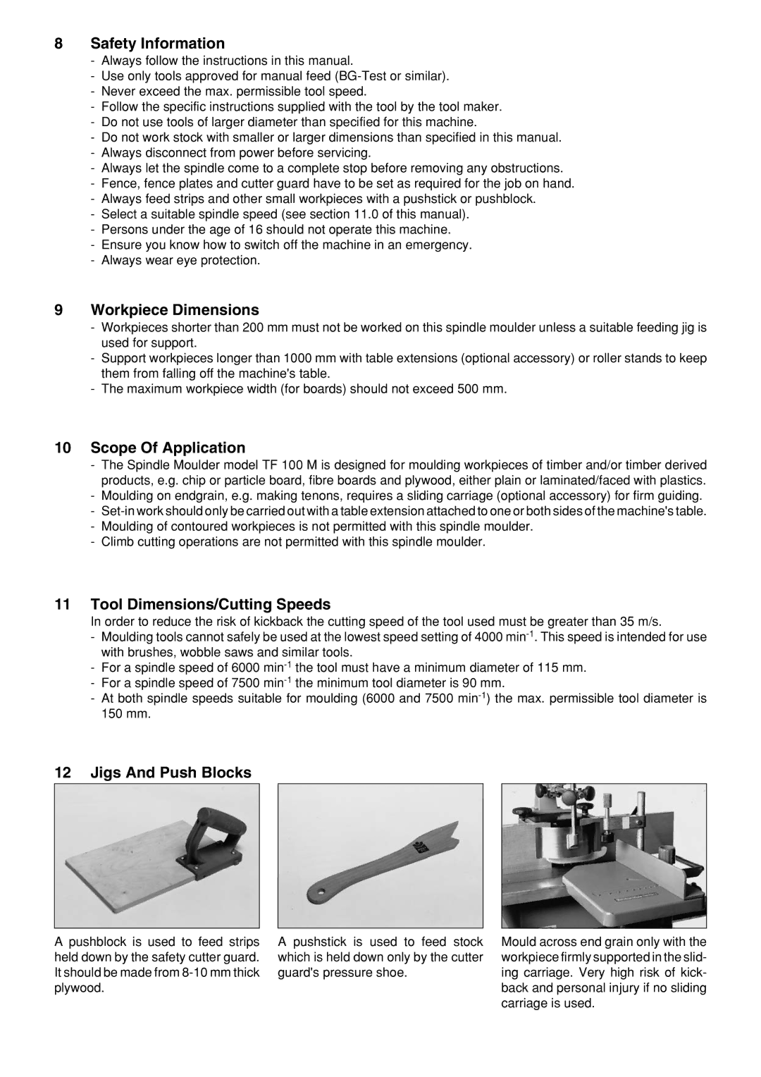 Elektra Beckum TF 100 M Safety Information, Workpiece Dimensions, Scope Of Application, Tool Dimensions/Cutting Speeds 