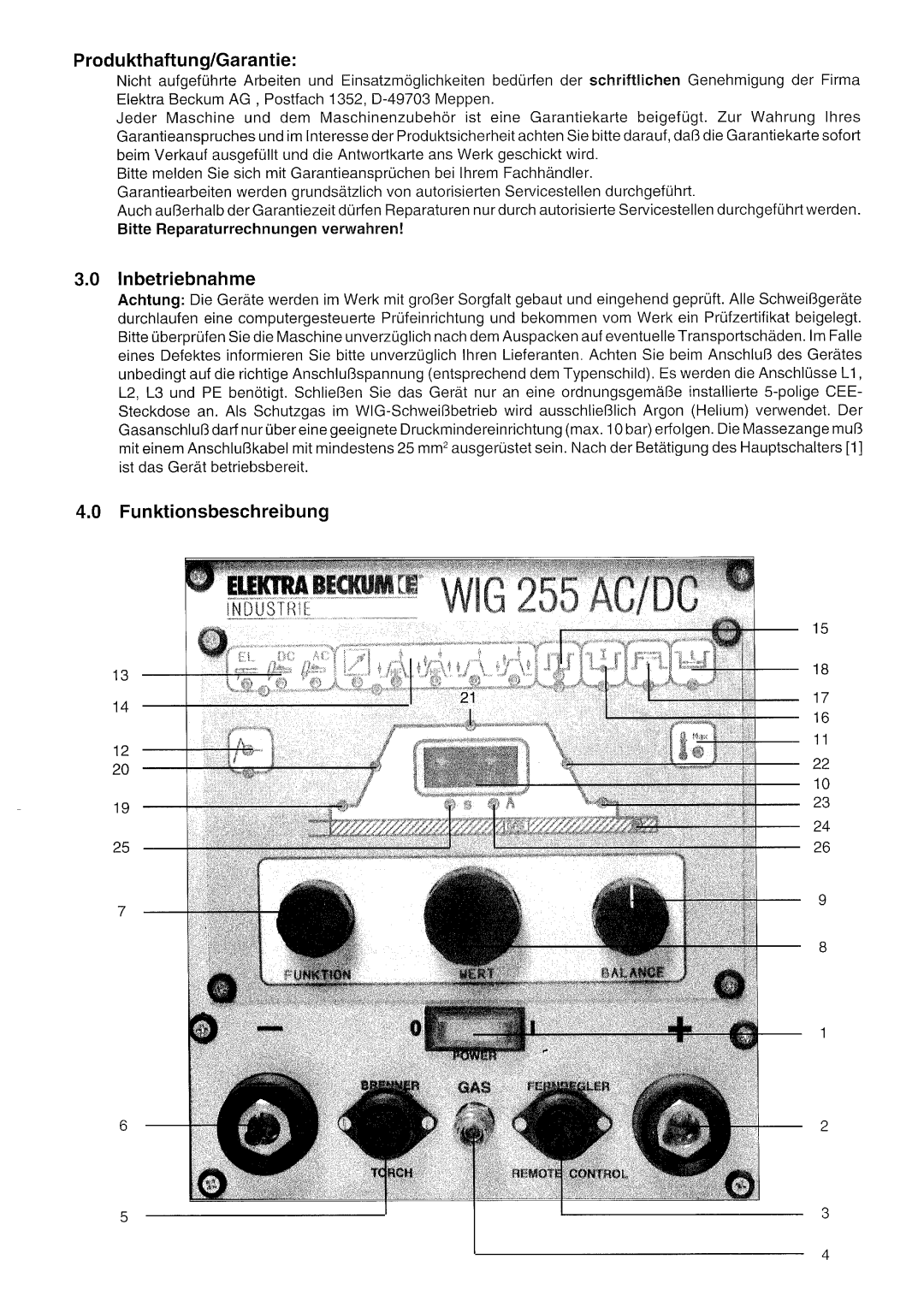 Elektra Beckum TIG 255 DC, TIG 255 AC/DC manual 