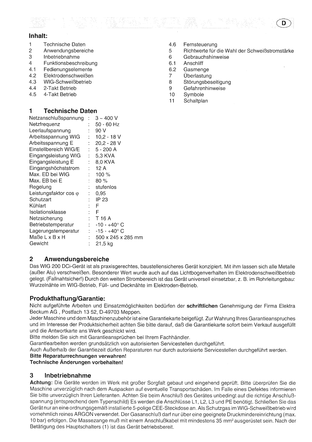 Elektra Beckum WIG 200 DCi manual 