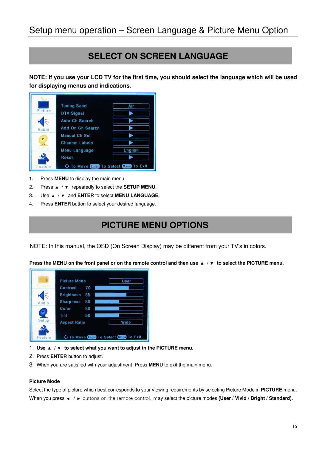 Element Electronics 32LE30Q manual Setup menu operation Screen Language & Picture Menu Option, Select on Screen Language 