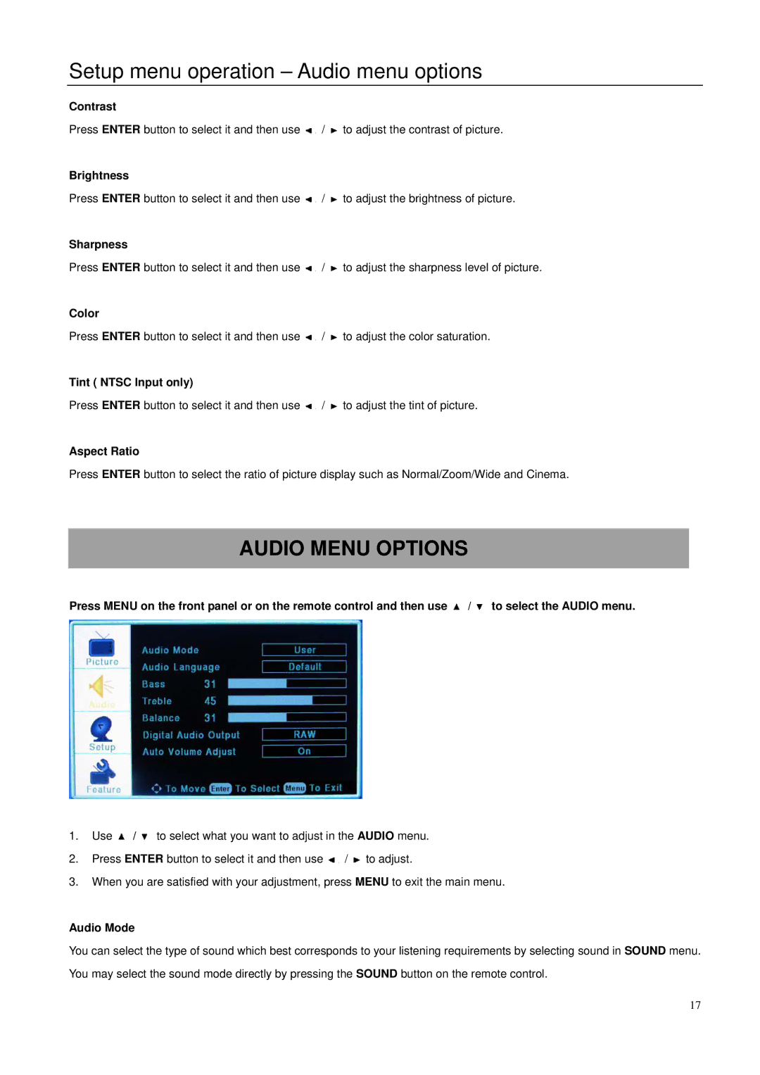 Element Electronics 32LE30Q manual Setup menu operation Audio menu options, Audio Menu Options 