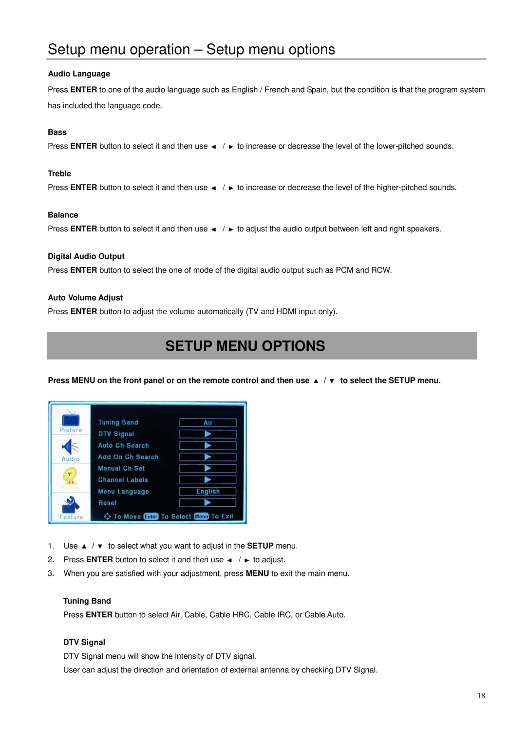 Element Electronics 32LE30Q manual Setup menu operation Setup menu options, Setup Menu Options 