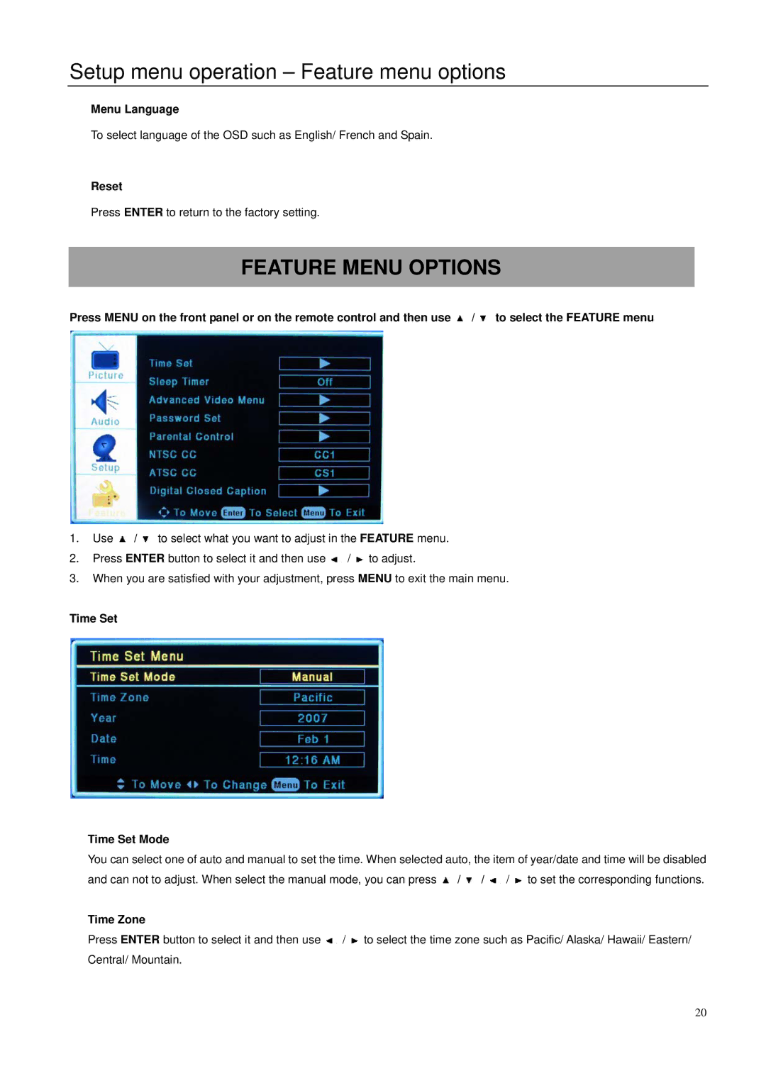 Element Electronics 32LE30Q manual Setup menu operation Feature menu options, Feature Menu Options 