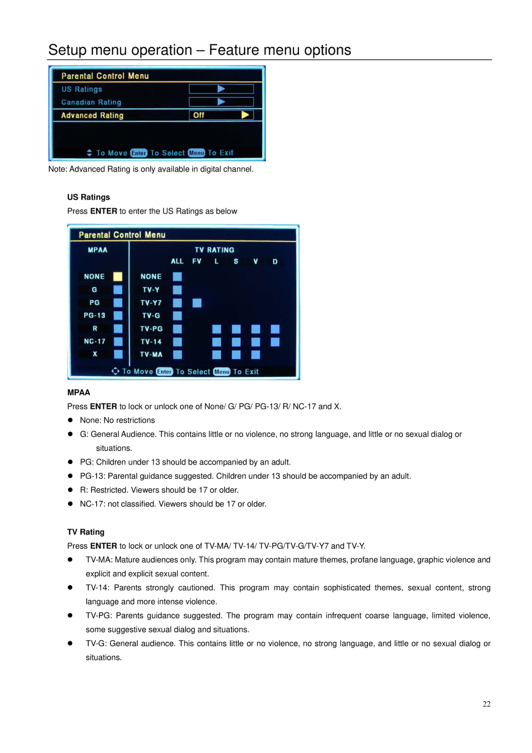 Element Electronics 32LE30Q manual US Ratings, TV Rating 