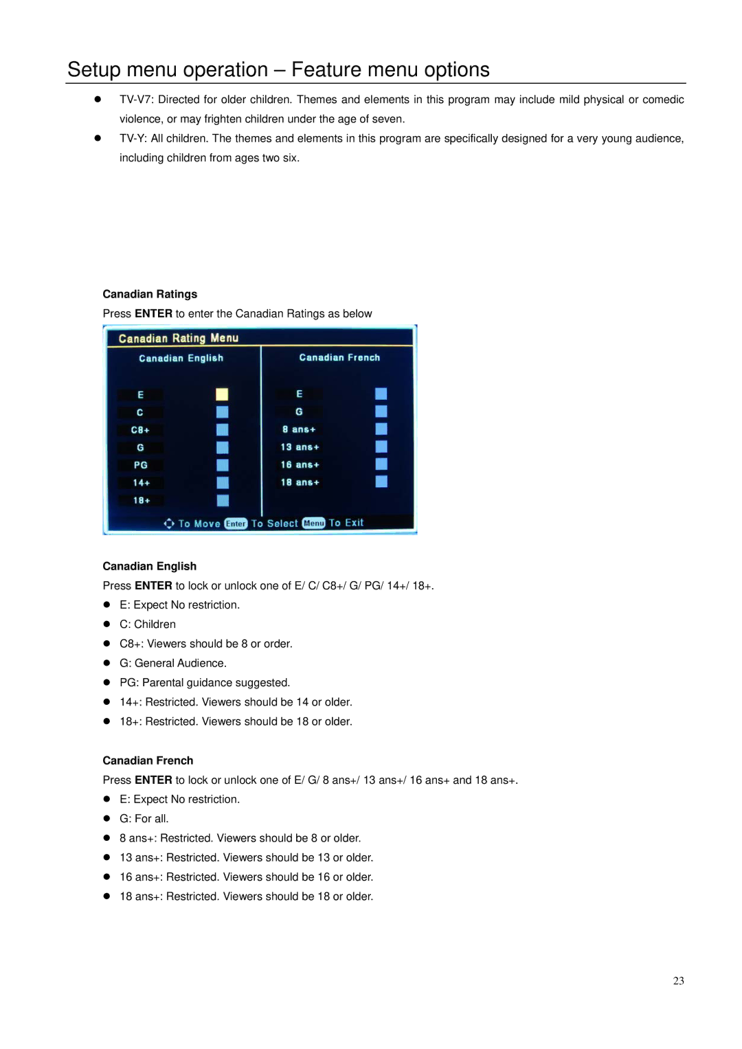 Element Electronics 32LE30Q manual Canadian Ratings, Canadian English, Canadian French 