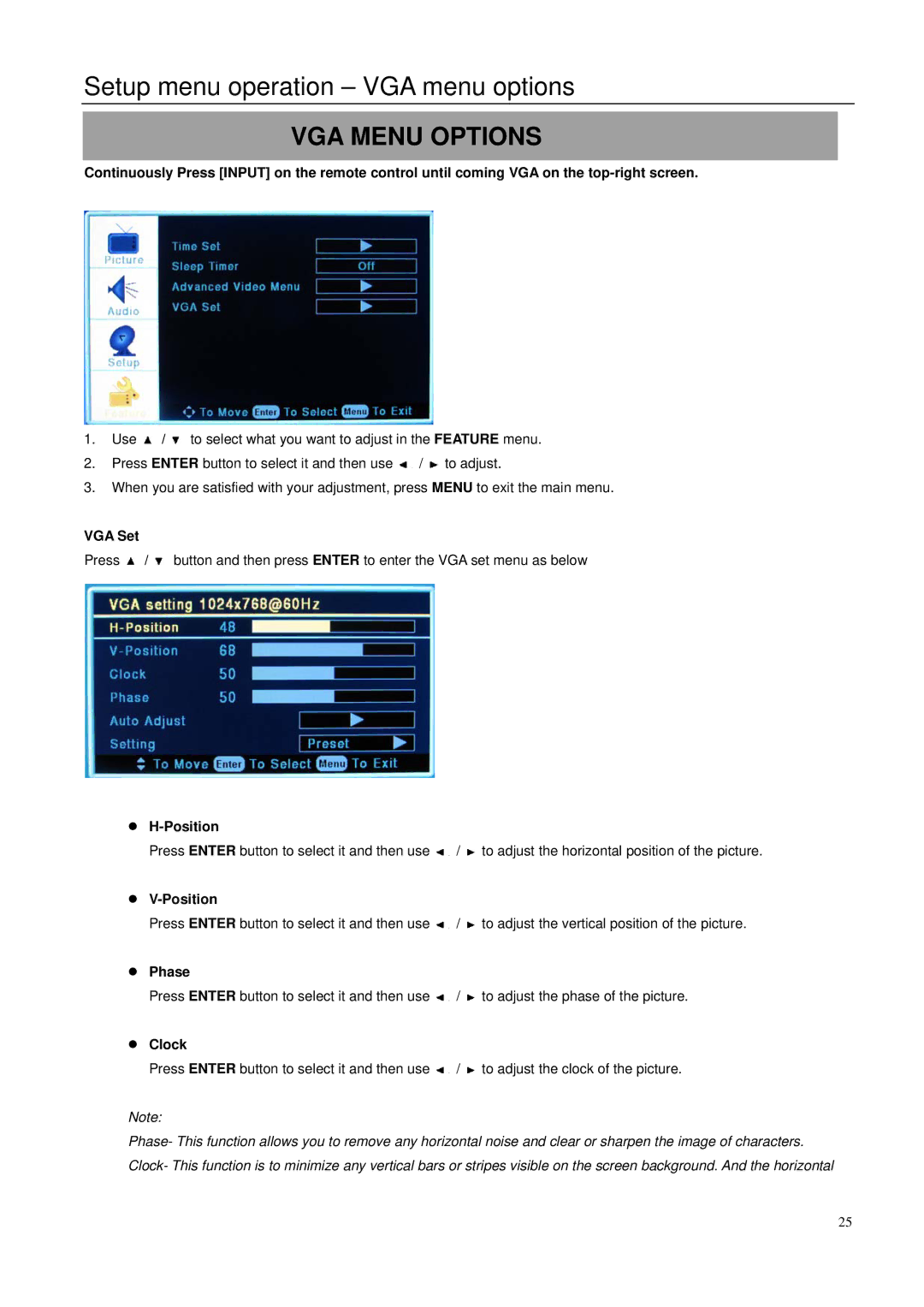 Element Electronics 32LE30Q manual Setup menu operation VGA menu options, VGA Menu Options 