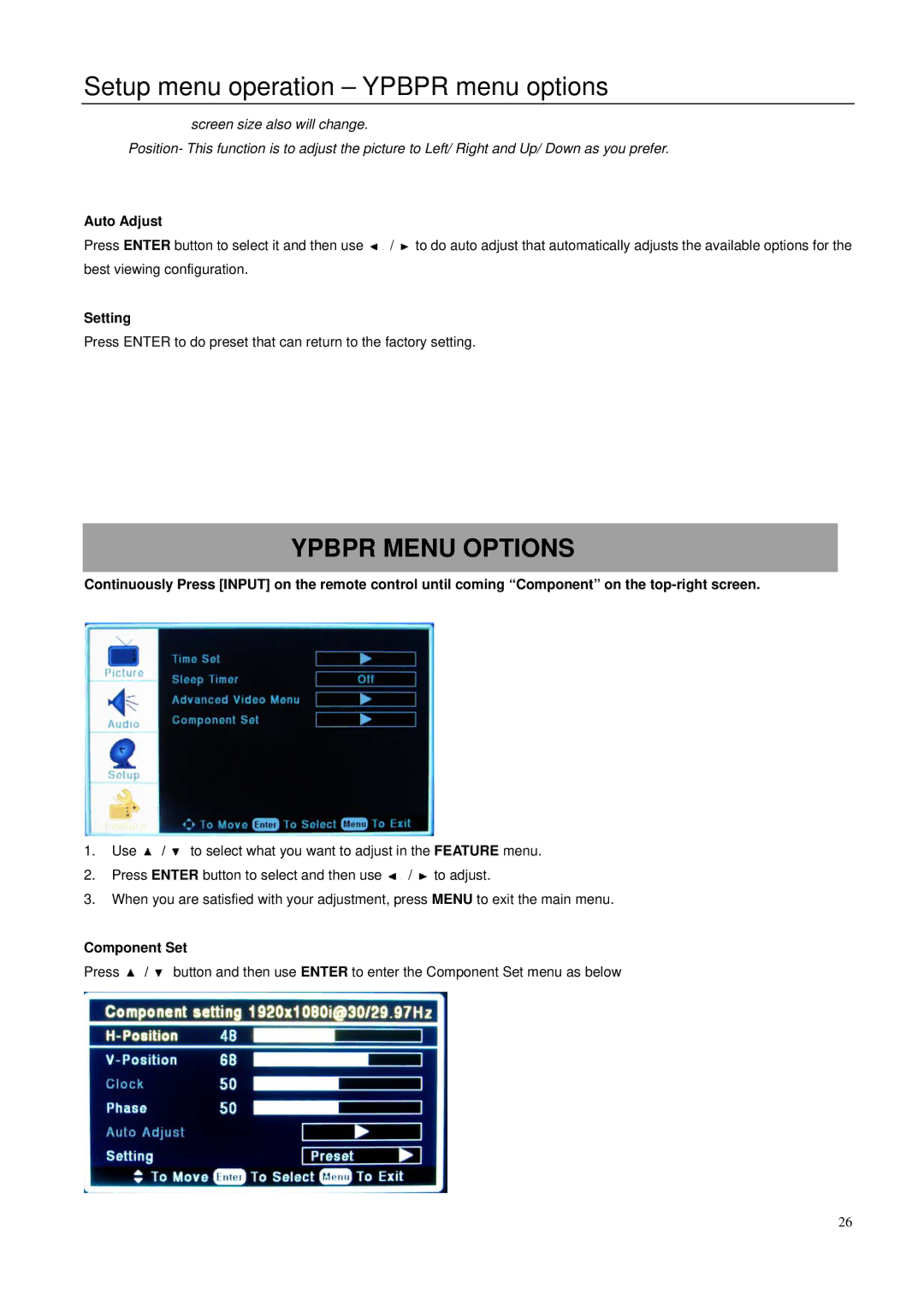 Element Electronics 32LE30Q manual Setup menu operation Ypbpr menu options, Ypbpr Menu Options, Auto Adjust, Setting 