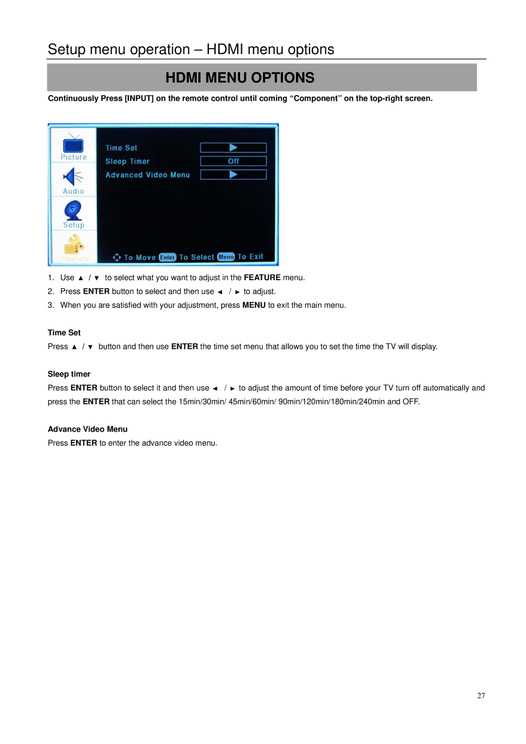 Element Electronics 32LE30Q manual Setup menu operation Hdmi menu options, Hdmi Menu Options, Time Set 