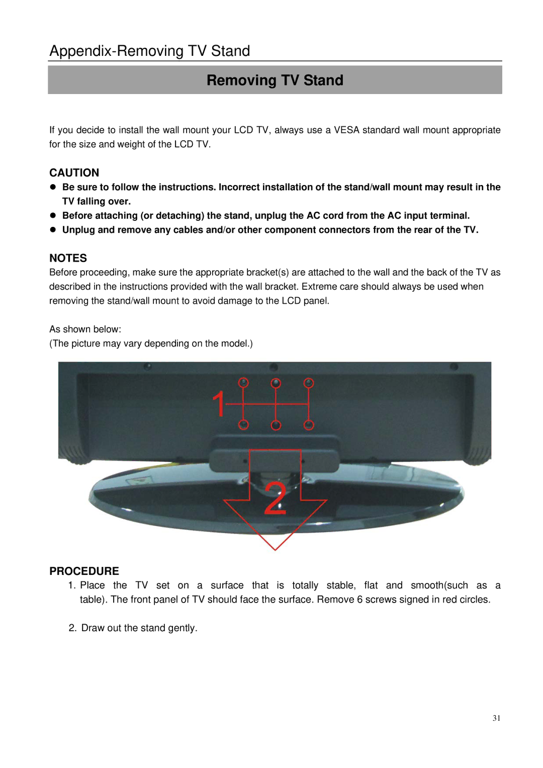 Element Electronics 32LE30Q manual Appendix-Removing TV Stand 