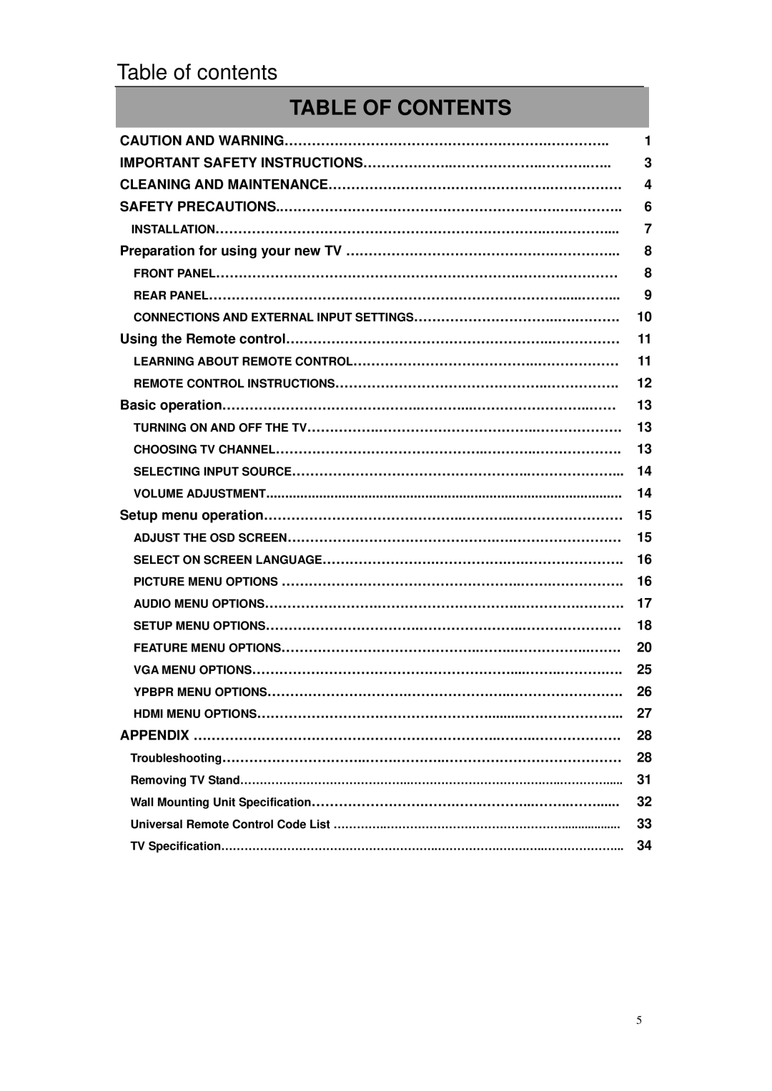 Element Electronics 32LE30Q manual Table of contents 