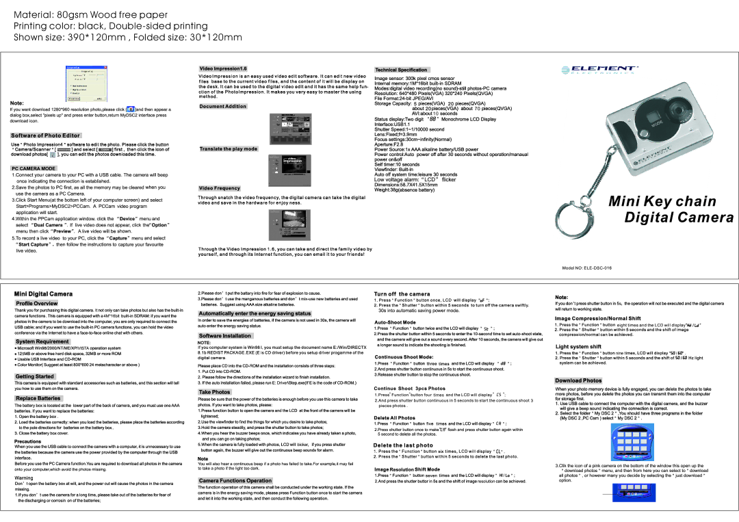 Element Electronics Digital Camera manual Material80gsmWoodfreepaper 