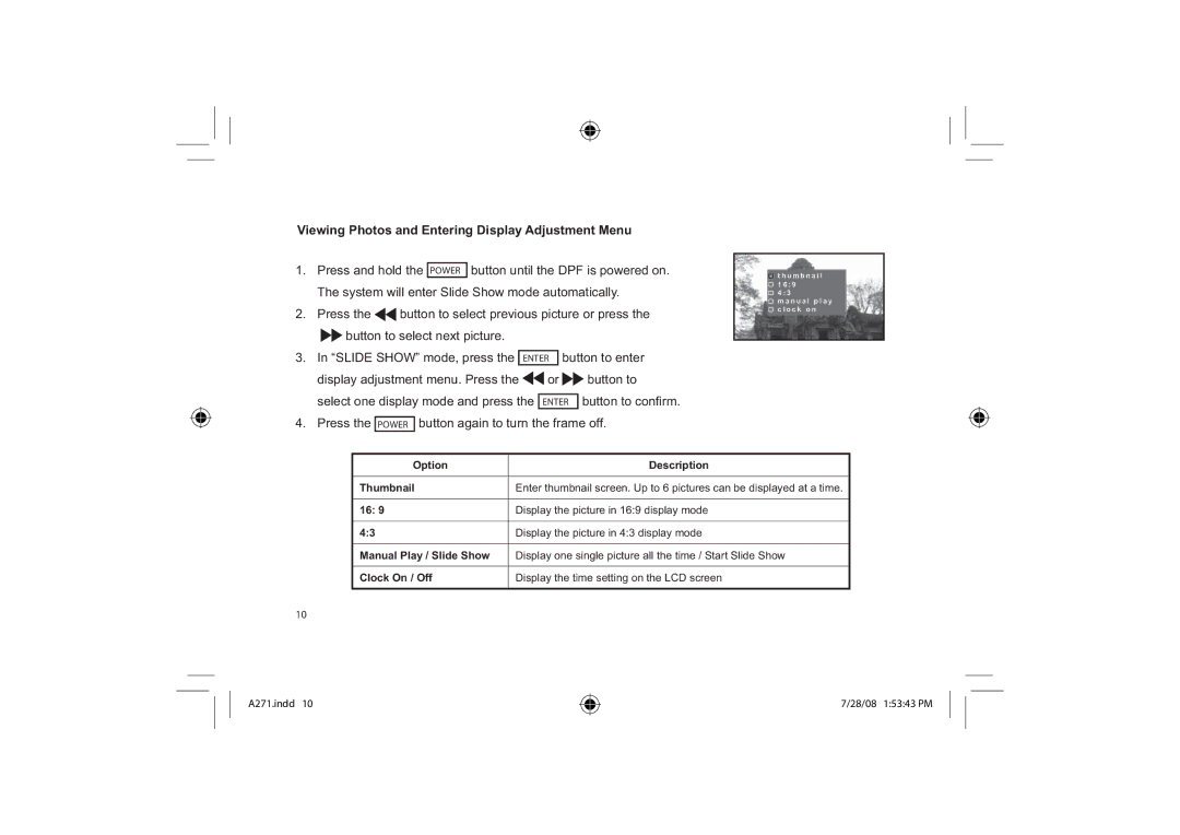 Element Electronics EFG272 Viewing Photos and Entering Display Adjustment Menu, Press Button again to turn the frame off 