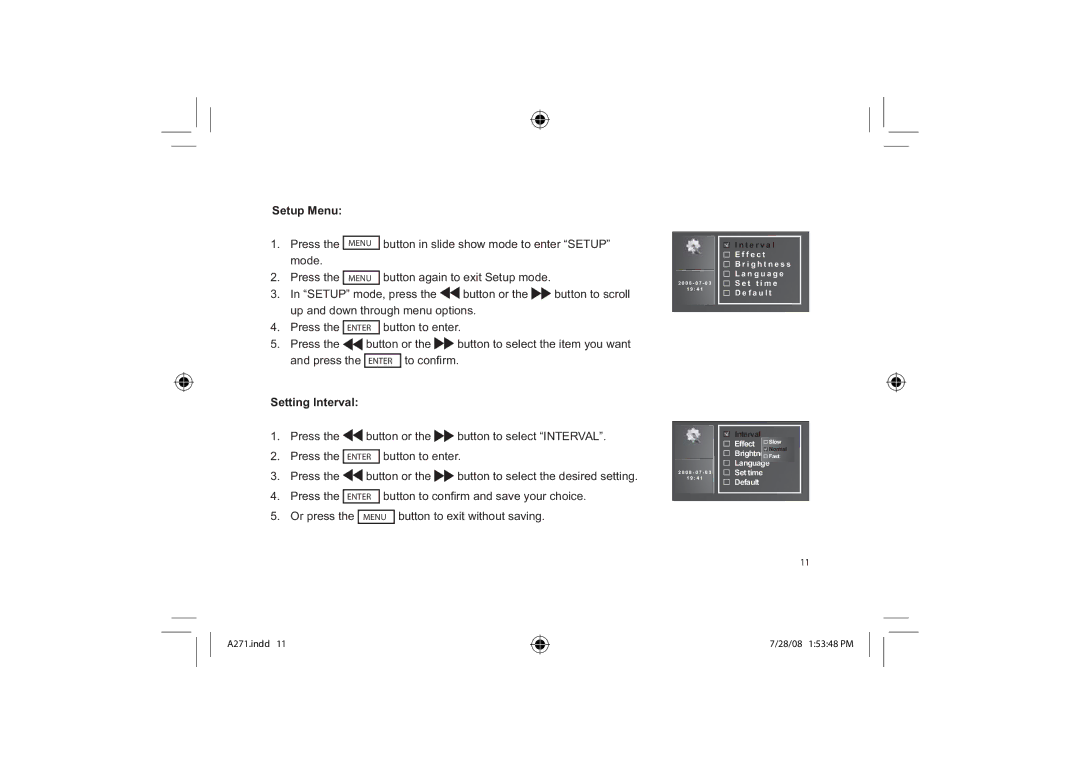 Element Electronics EFG272 user manual Setup Menu, Setting Interval 