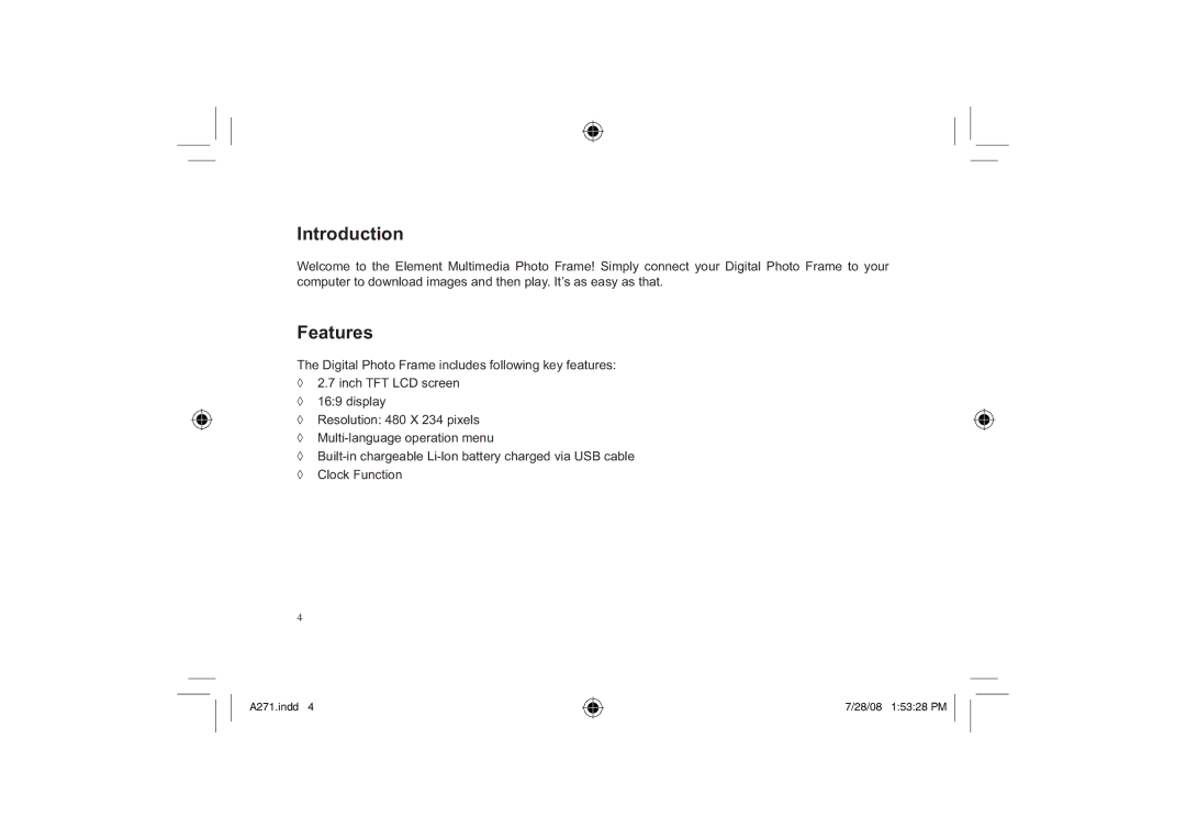 Element Electronics EFG272 user manual Introduction, Features 